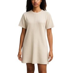 NEW Zara White Beige Short Sleeve Mock Neck T Shirt Sweater Mini Dress Size L